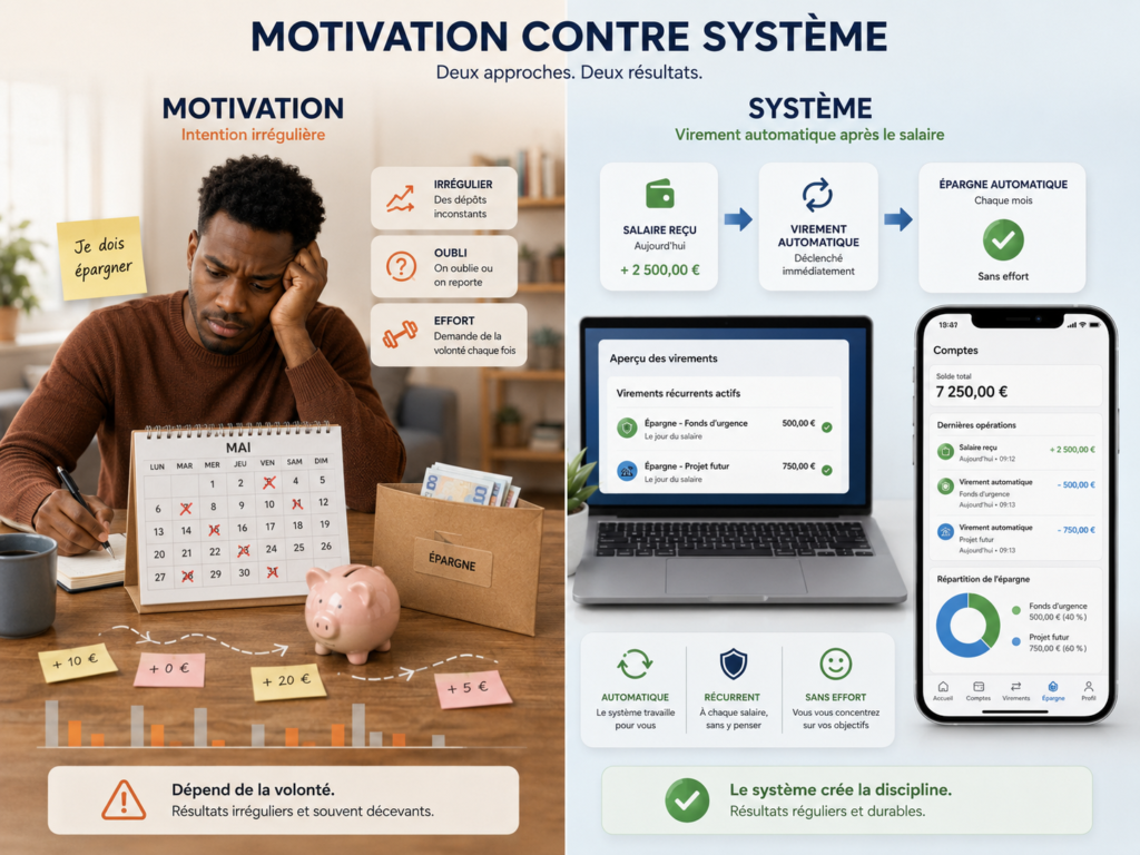 Infographie comparative intitulée « Motivation contre système ». À gauche, une personne essaie d’épargner de manière irrégulière, avec des petits montants variables, des oublis et des efforts dépendant de sa volonté. À droite, un système automatique transfère une partie du salaire vers un fonds d’urgence et un projet futur dès sa réception, afin de créer une épargne régulière et durable.