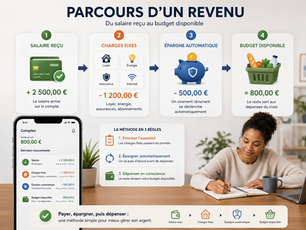 Infographie présentant le parcours d’un salaire de 2 500 €. Après sa réception, 1 200 € sont consacrés aux charges fixes, puis 500 € sont automatiquement transférés vers l’épargne. Le budget restant disponible pour les dépenses du mois est de 800 €. Une application bancaire reprend les quatre étapes : salaire reçu, charges fixes, épargne automatique et budget disponible.